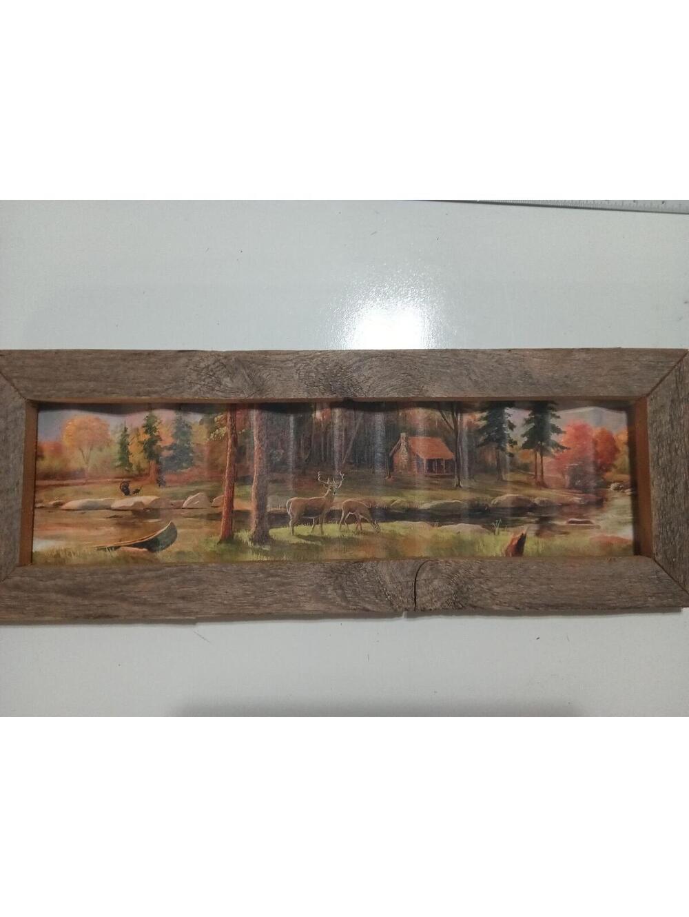 Rustic Cabin Scene Wall Art with Corrugated Metal Frame 22x8.5"